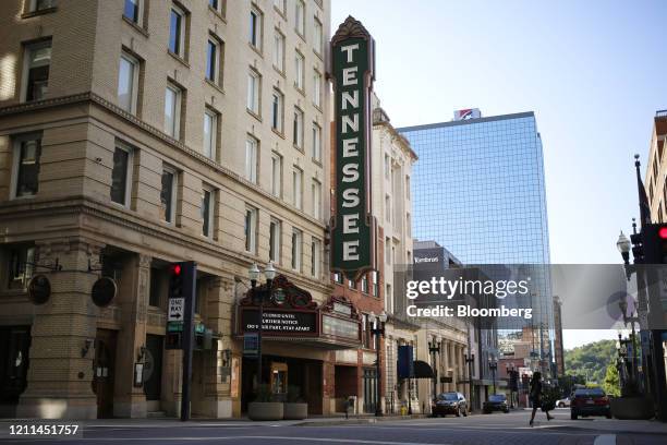 The Tennessee Theater stands closed in downtown Knoxville, Tennessee, U.S., on Friday, May 1, 2020. The Tennessee Department of Health announced...