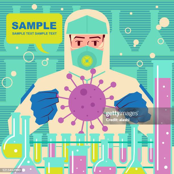 wissenschaftler (arzt, biochemiker), der schutzkleidung trägt, fängt coronavirus (bakterium, virus), analysiert, untersucht und macht wissenschaftliche experimente, biotech-firmen eilen zu neuen coronavirus-impfstoffen (2019-ncov) - schutzbrille stock-grafiken, -clipart, -cartoons und -symbole