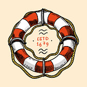 Sea Lifebuoy. Nautical or marine Ring buoy, ocean water wheely or lifering. Hand drawn monochrome retro engraved old sketch. Vector illustration for tattoo or emblems