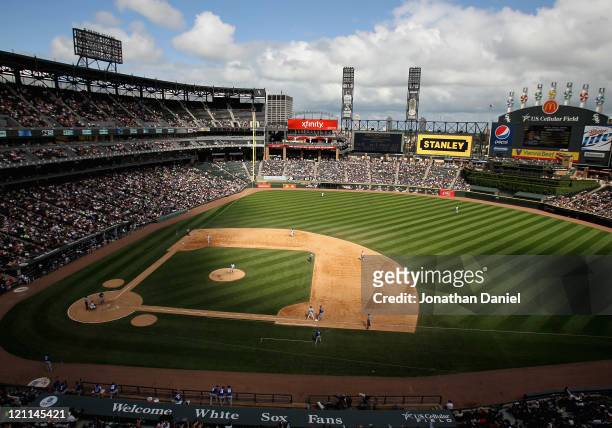 Clouds form shadows across the field during a game between the Chicago White Sox and the Kansas City Royals at U.S. Cellular Field on August 14, 2011...
