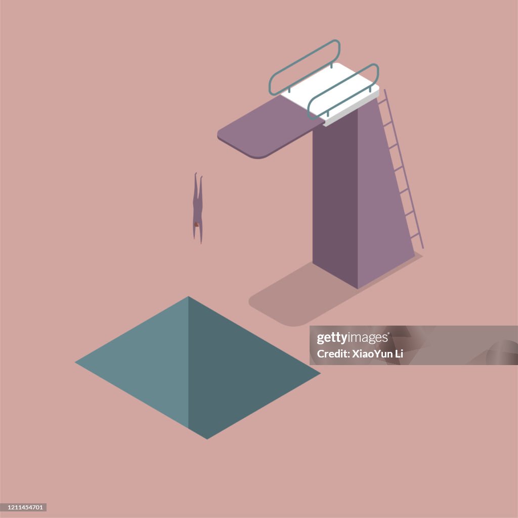 A man jumps into a trap through a diving platform.