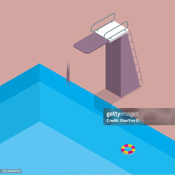 the diving training venue,a man jumping into a swimming pool ,life buoy in the water. - diving board stock illustrations