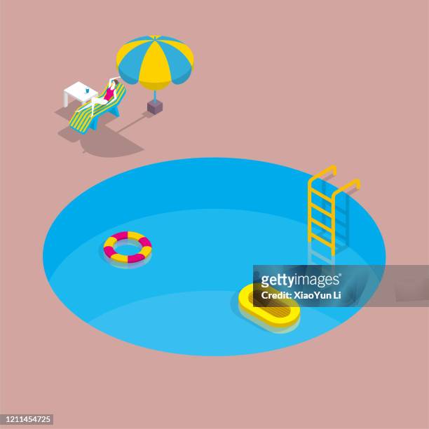 ilustrações, clipart, desenhos animados e ícones de uma mulher está descansando na piscina circular. - piscina