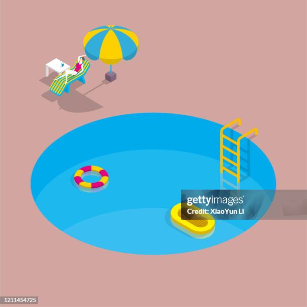 a woman is resting by the circular swimming pool. - life ring pool stock illustrations