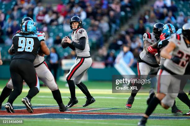 Luis Perez of the New York Guardians drops back to pass during the XFL game against the Dallas Renegades at Globe Life Park on March 7, 2020 in...