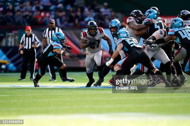 Darius Victor of the New York Guardians carries the ball during the XFL game against the Dallas Renegades at Globe Life Park on March 7, 2020 in...