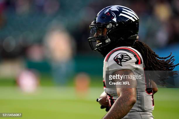 Juan Hines of the New York Guardians reacts to a play during the XFL game against the Dallas Renegades at Globe Life Park on March 7, 2020 in...
