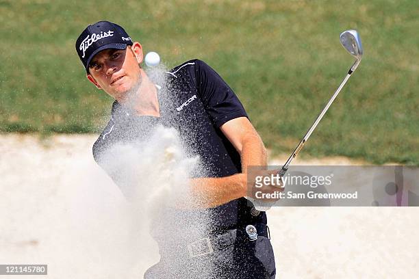 Brendan Steele plays a bunker shot on the seventh hole during the final round of the 93rd PGA Championship at the Atlanta Athletic Club on August 14,...