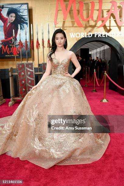 Yifei Liu attends the premiere of Disney's "Mulan" at Dolby Theatre on March 09, 2020 in Hollywood, California.