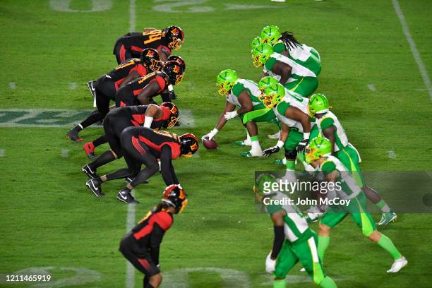 The Tampa Bay Vipers line up against the LA Wildcats at Dignity Health Sports Park during an XFL game on March 8, 2020 in Carson, California. L.A....