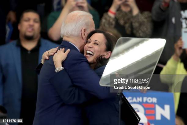 Sen. Kamala Harris , hugs Democratic presidential candidate former Vice President Joe Biden after introducing him at a campaign rally at Renaissance...