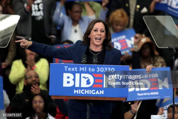 Sen. Kamala Harris introduces Democratic presidential candidate former Vice President Joe Biden at a campaign rally at Renaissance High School on...