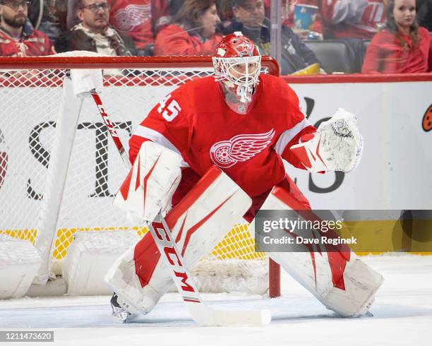Jonathan Bernier of the Detroit Red Wings follows the play against the Tampa Bay Lightning during an NHL game at Little Caesars Arena on March 8,...
