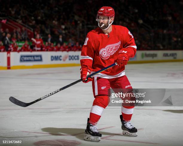 Sam Gagner of the Detroit Red Wings follows the play against the Tampa Bay Lightning during an NHL game at Little Caesars Arena on March 8, 2020 in...