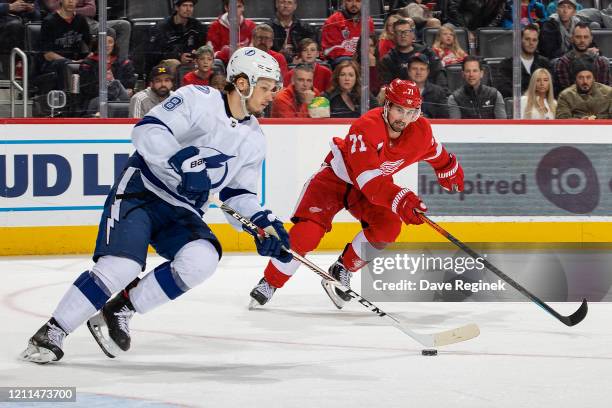 Mikhail Sergachev of the Tampa Bay Lightning skates up ice with the puck next to Dylan Larkin of the Detroit Red Wings during an NHL game at Little...