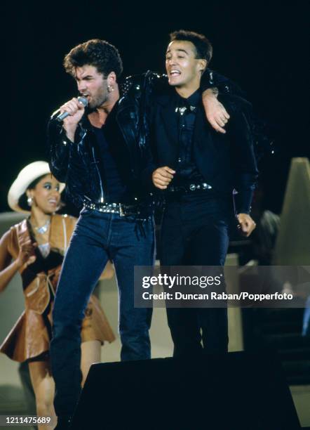 George Michael and Andrew Ridgeley of Wham! performing during The Final concert at Wembley Stadium in London, England on June 28, 1986. This was the...