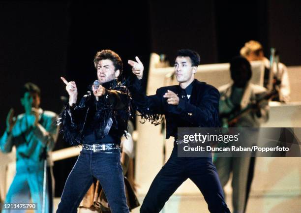 George Michael and Andrew Ridgeley of Wham! performing during The Final concert at Wembley Stadium in London, England on June 28, 1986. This was the...