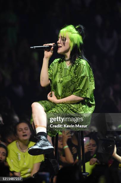 Billie Eilish performs live on stage at Billie Eilish "Where Do We Go?" World Tour Kick Off - Miami at American Airlines Arena on March 09, 2020 in...