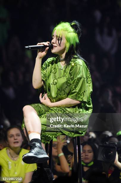 Billie Eilish performs live on stage at Billie Eilish "Where Do We Go?" World Tour Kick Off - Miami at American Airlines Arena on March 09, 2020 in...