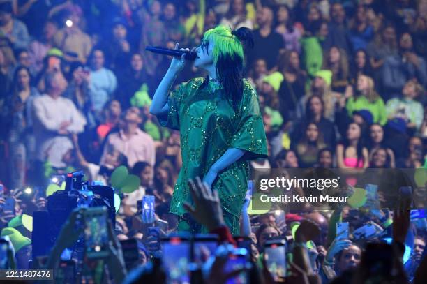 Billie Eilish performs live on stage at Billie Eilish "Where Do We Go?" World Tour Kick Off - Miami at American Airlines Arena on March 09, 2020 in...