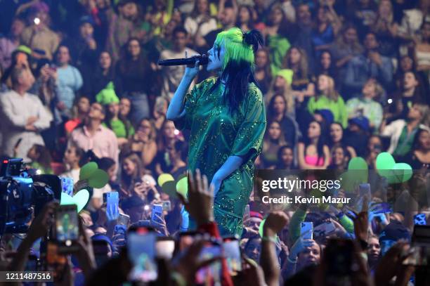 Billie Eilish performs live on stage at Billie Eilish "Where Do We Go?" World Tour Kick Off - Miami at American Airlines Arena on March 09, 2020 in...