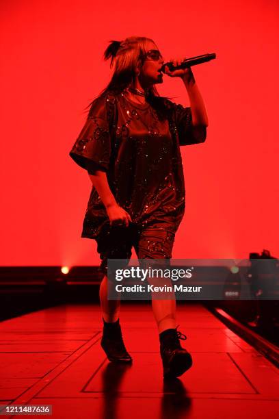 Billie Eilish performs live on stage at Billie Eilish "Where Do We Go?" World Tour Kick Off - Miami at American Airlines Arena on March 09, 2020 in...