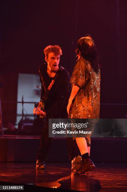 Finneas O'Connell and Billie Eilish perform live on stage at Billie Eilish "Where Do We Go?" World Tour Kick Off - Miami at American Airlines Arena...