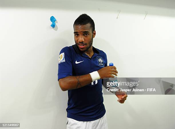 Alexandre Lacazette of France leans against a wall in his team's dressing room after the FIFA U-20 World Cup Colombia 2011 quarter final match...