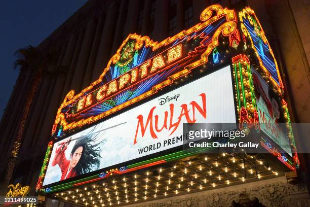 View of the atmosphere at the World Premiere of Disney's 'MULAN' at the Dolby Theatre on March 09, 2020 in Hollywood, California.