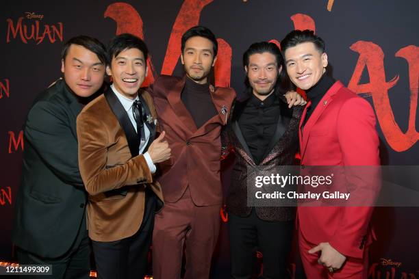 Doua Moua, Jimmy Wong, Yoson An, Nelson Lee, and Chen Tang attend the World Premiere of Disney's 'MULAN' at the Dolby Theatre on March 09, 2020 in...