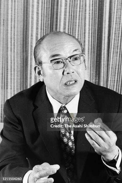 Honda Motor Co President Soichiro Honda speaks during the Asahi Shimbun interview on February 7, 1973 in Tokyo, Japan.