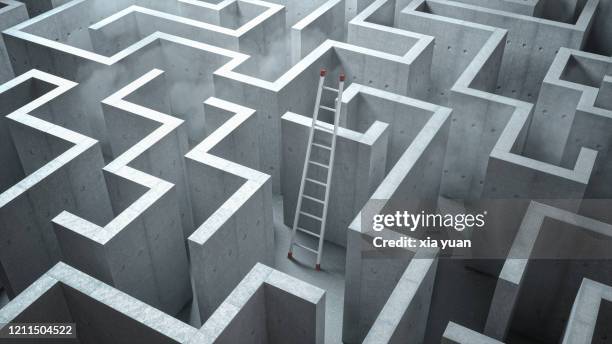 ladder leaning against wall in giant maze - spelregels stockfoto's en -beelden