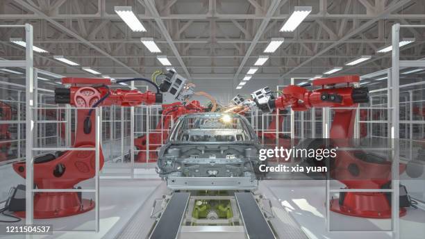 industrial robots welding car body in car factory - china manufacturing stock pictures, royalty-free photos & images