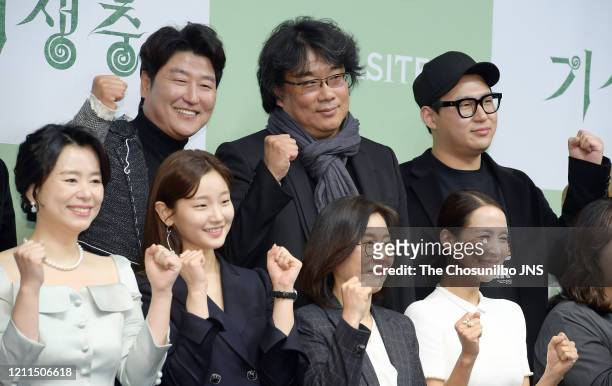 Song Kang-Ho, Bong Joon-Ho, Han Jin-Won, Jang Hye-Jin, Park So-Dam, Kwak Sin-Ae, Cho Yeo-Jeong attend the press conference held for cast and crew of...