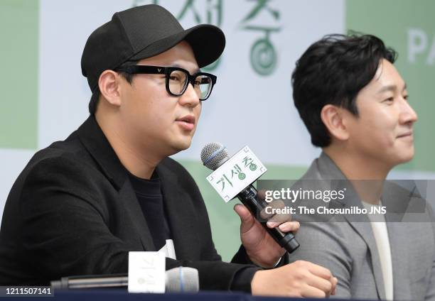 Han Jin-Won and Lee Sun-Kyun attend the press conference held for cast and crew of 'Parasite' on February 19, 2020 in Seoul, South Korea.