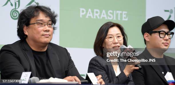 Bong Joon-Ho, Kwak Sin-Ae, Han Jin-Won attends the press conference held for cast and crew of 'Parasite' on February 19, 2020 in Seoul, South Korea.