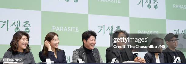 Lee Jung-Eun, Park So-Dam, Song Kang-Ho and Bong Joon-Ho attend the press conference held for cast and crew of 'Parasite' on February 19, 2020 in...