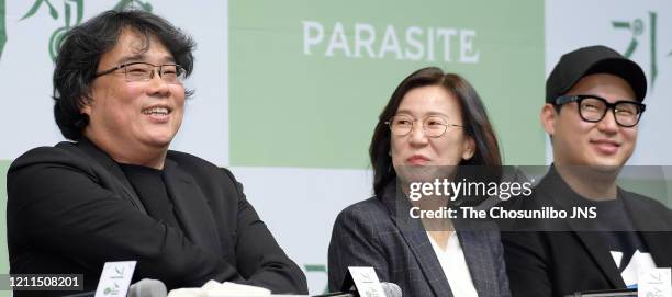 Bong Joon-Ho, Kwak Sin-Ae, Han Jin-Won attends the press conference held for cast and crew of 'Parasite' on February 19, 2020 in Seoul, South Korea.