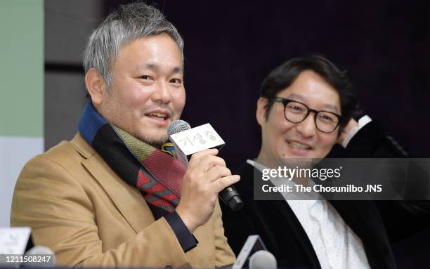 Lee Ha-Jun and Yang Jin-Mo attend the press conference held for cast and crew of 'Parasite' on February 19, 2020 in Seoul, South Korea.