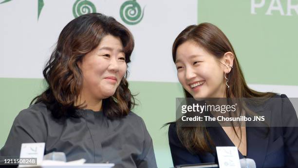 Lee Jung-Eun and Park So-Dam attend the press conference held for cast and crew of 'Parasite' on February 19, 2020 in Seoul, South Korea.