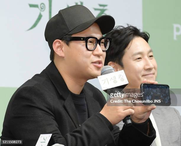 Han Jin-Won and Lee Sun-Kyun attend the press conference held for cast and crew of 'Parasite' on February 19, 2020 in Seoul, South Korea.