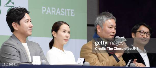 Lee Sun-Kyun, Cho Yeo-Jeong, Lee Ha-Jun and Yang Jin-Mo attend the press conference held for cast and crew of 'Parasite' on February 19, 2020 in...