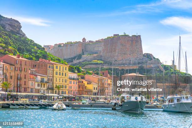 view from above of bonifacio port and church of st. john the baptist in bastia, in corsica, france. - corsica - fotografias e filmes do acervo