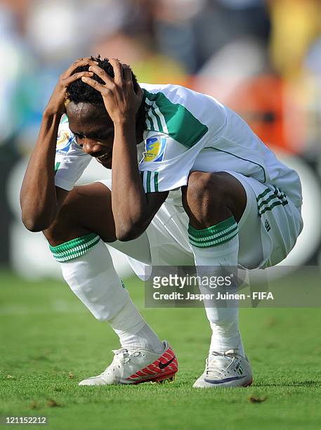 Ahmed Musa of Nigeria reacts after failing to score during the FIFA U-20 World Cup Colombia 2011 quarter final match between France and Nigeria on...