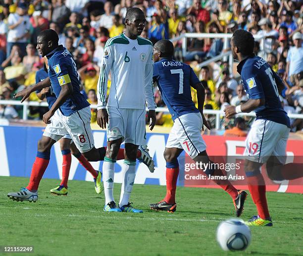 French players celebrate a scored goal against France as part a match by quarterfinals of the FIFA U-20 World Cup 2011 at Pascual Guerrero Stadium on...