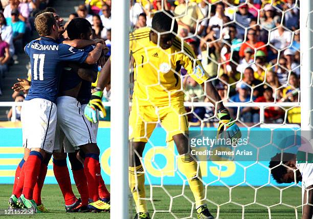 France players celebrate a scored second goal against Nigeria as part a match by quarterfinals of the FIFA U-20 World Cup 2011 at Pascual Guerrero...