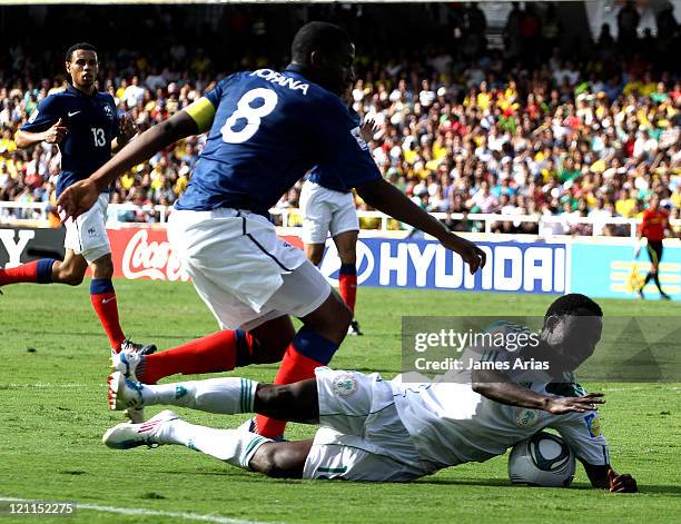 Edafe Egbedi, Nigeria, fights for the ball during the match between France and Nigeria by quarterfinals round of the FIFA U-20 World Cup 2011 at...