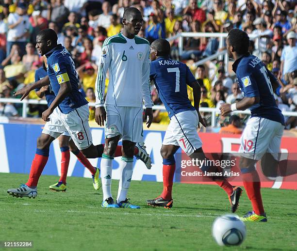 French players celebrate a scored goal against France as part a match by quarterfinals of the FIFA U-20 World Cup 2011 at Pascual Guerrero Stadium on...