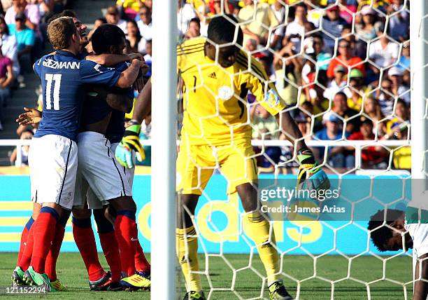 France players celebrate a scored second goal against Nigeria as part a match by quarterfinals of the FIFA U-20 World Cup 2011 at Pascual Guerrero...