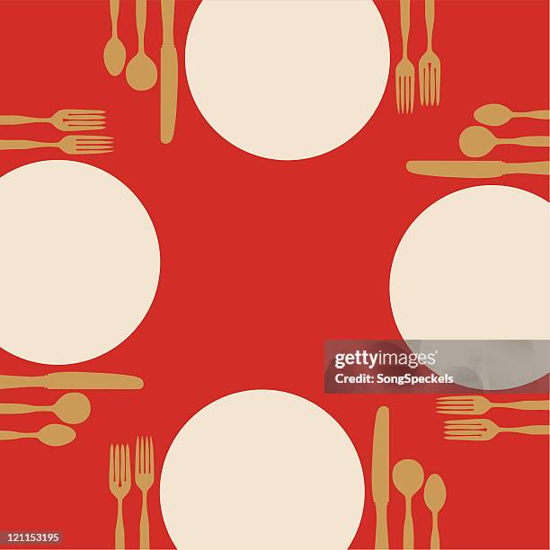 plates and silverware on a red table - table setting stock illustrations